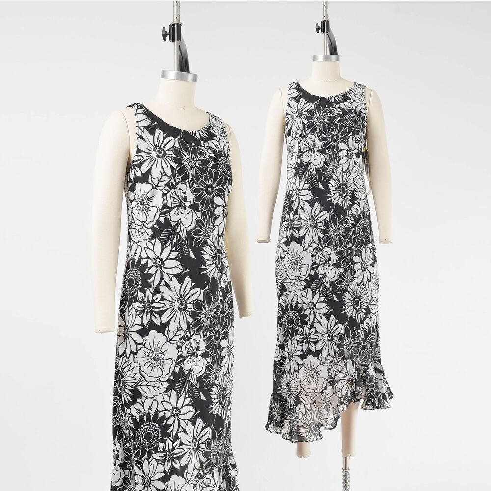 Vintage 90s Black White Floral Sleeveless Sheath Maxi Dress with Flounce Hem M 8